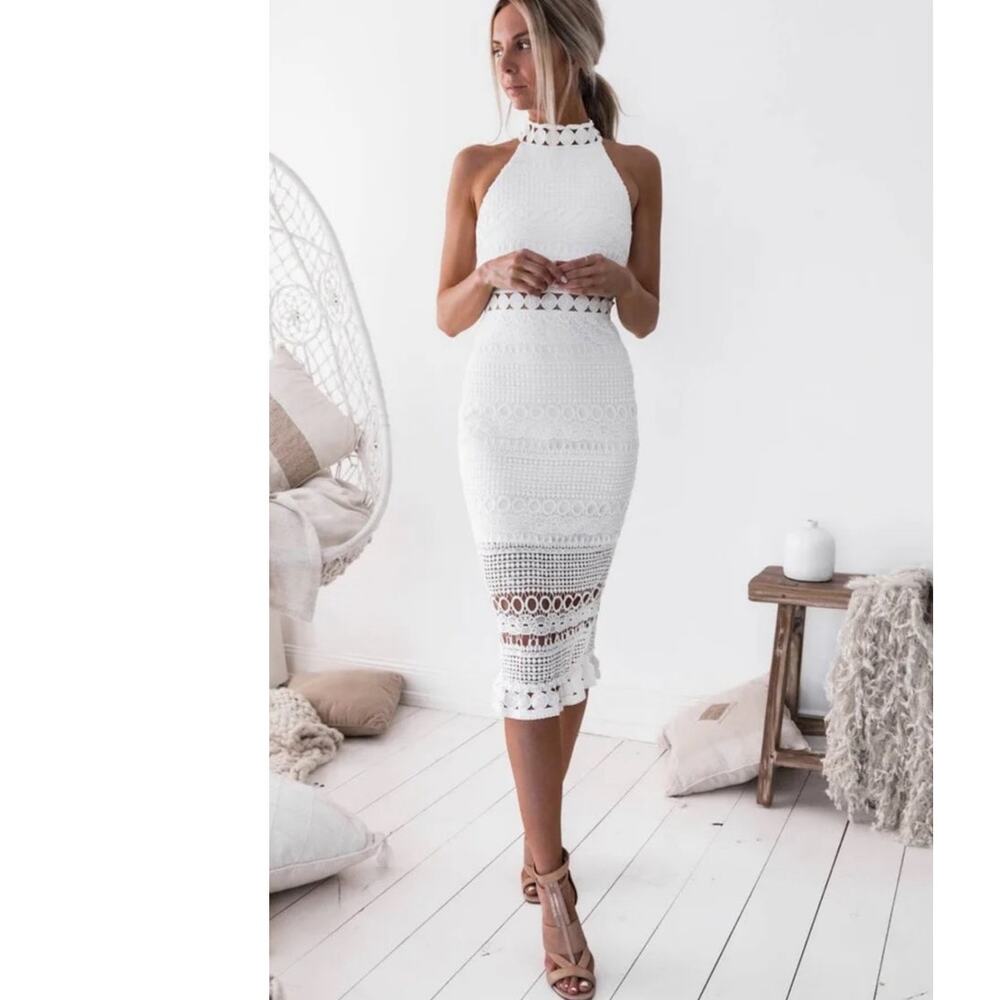 Two Sisters The Label Rivers White Lace‎ Crochet Midi Dress Size US 12/AUS 16